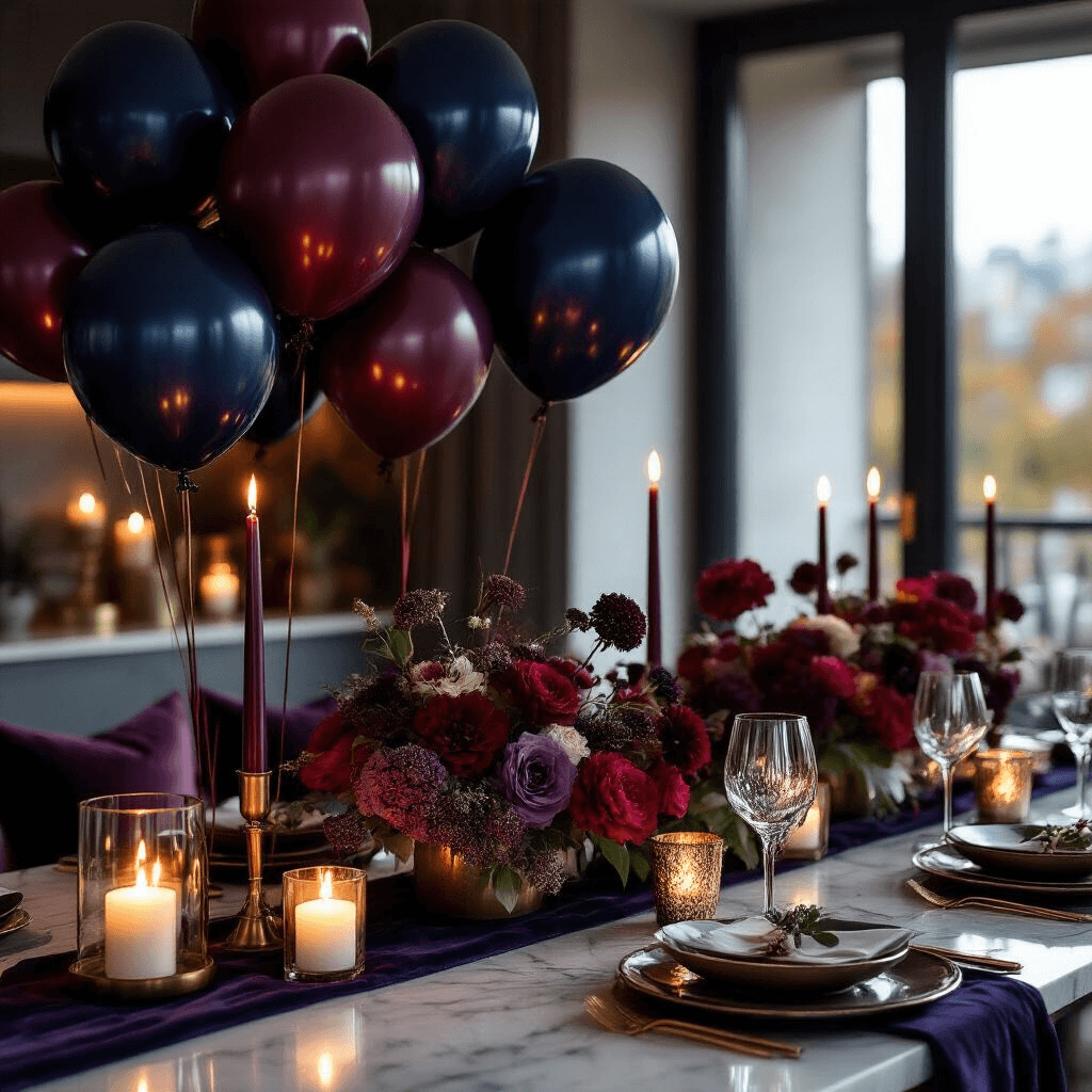 Close-up view of an intimate candlelit celebration in a modern apartment, featuring jewel-toned balloon arrangements and elegant table settings on a marble countertop, with flickering pillar candles, rich silk table runners, and ambient lighting creating a luxurious atmosphere.