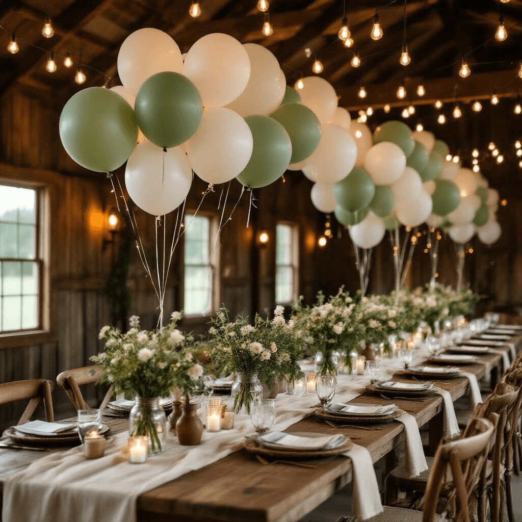 Cinematic wide shot of a rustic barn wedding reception at night, featuring clusters of white and sage green balloons, long farmhouse tables with organic linen runners, mason jar centerpieces with wildflowers, and warm Edison bulb string lights creating a romantic glow amidst vintage decor and natural textures.