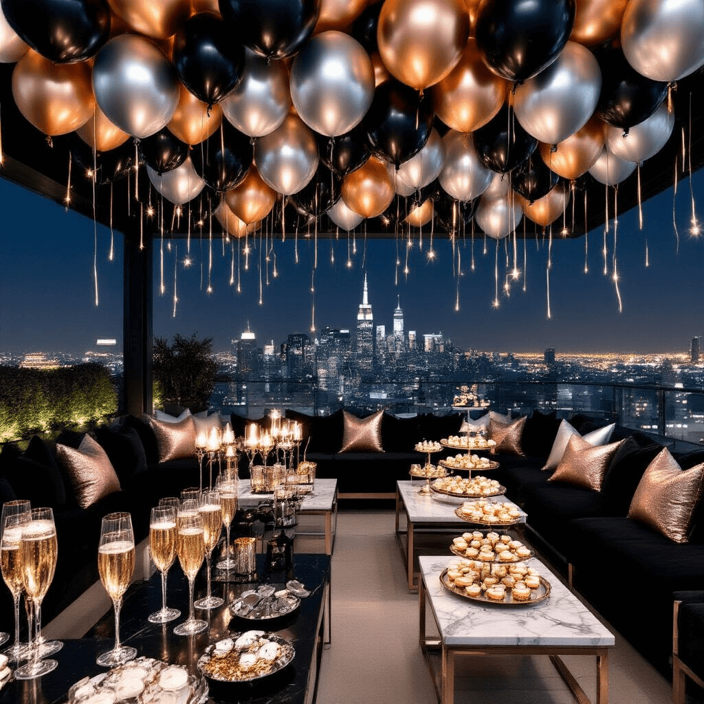 Chic New Year's Eve rooftop party with fairy lights, black and gold balloons, marble cocktail tables, and a dramatic urban skyline backdrop.