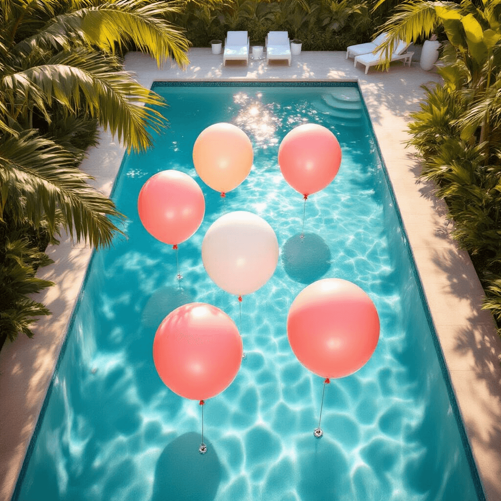 Photorealistic overhead view of a turquoise backyard pool at golden hour, featuring five oversized balloons in blush pink, coral, and white floating on the water, attached to chrome weights with invisible fishing line. Sunlight filters through palm fronds, casting shadows on travertine tiles, while lush green landscaping and white outdoor furniture create a soft-focus background. The clear water has gentle ripples, reflecting the balloons and showcasing decorative streamers in coral and cream beneath the surface.