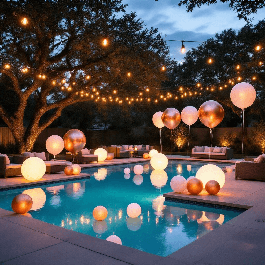Cinematic evening shot of an elegant pool party with glowing mixed-size balloons, sleek outdoor furniture, and string lights creating a magical atmosphere by a residential pool.