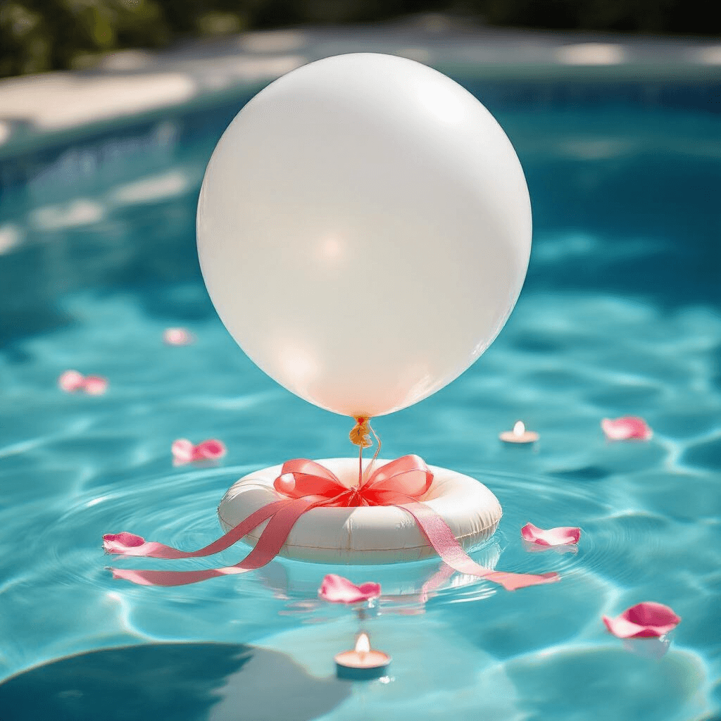 Close-up of a professional pool balloon anchoring system featuring a 36-inch white balloon, heavy-duty fishing line, and coral cream ribbon streamers, all illuminated by soft natural sunlight over crystal-clear water with a blue-tiled bottom, complemented by scattered rose petals and LED tea lights.