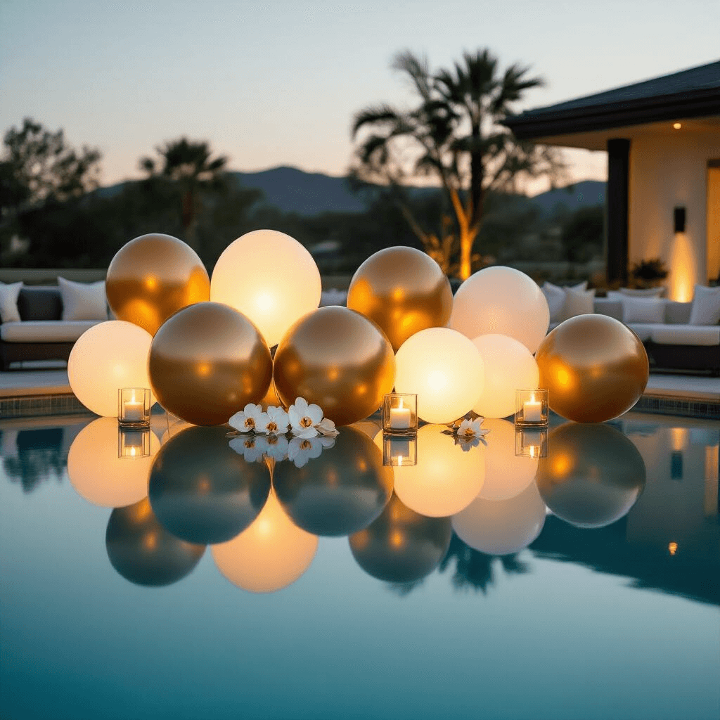 A moody flat lay of a luxurious evening gathering by a residential pool, showcasing a sophisticated balloon arrangement with glowing LED lights, floating candles, white orchid blooms, and modern outdoor furniture amidst lush landscaping.