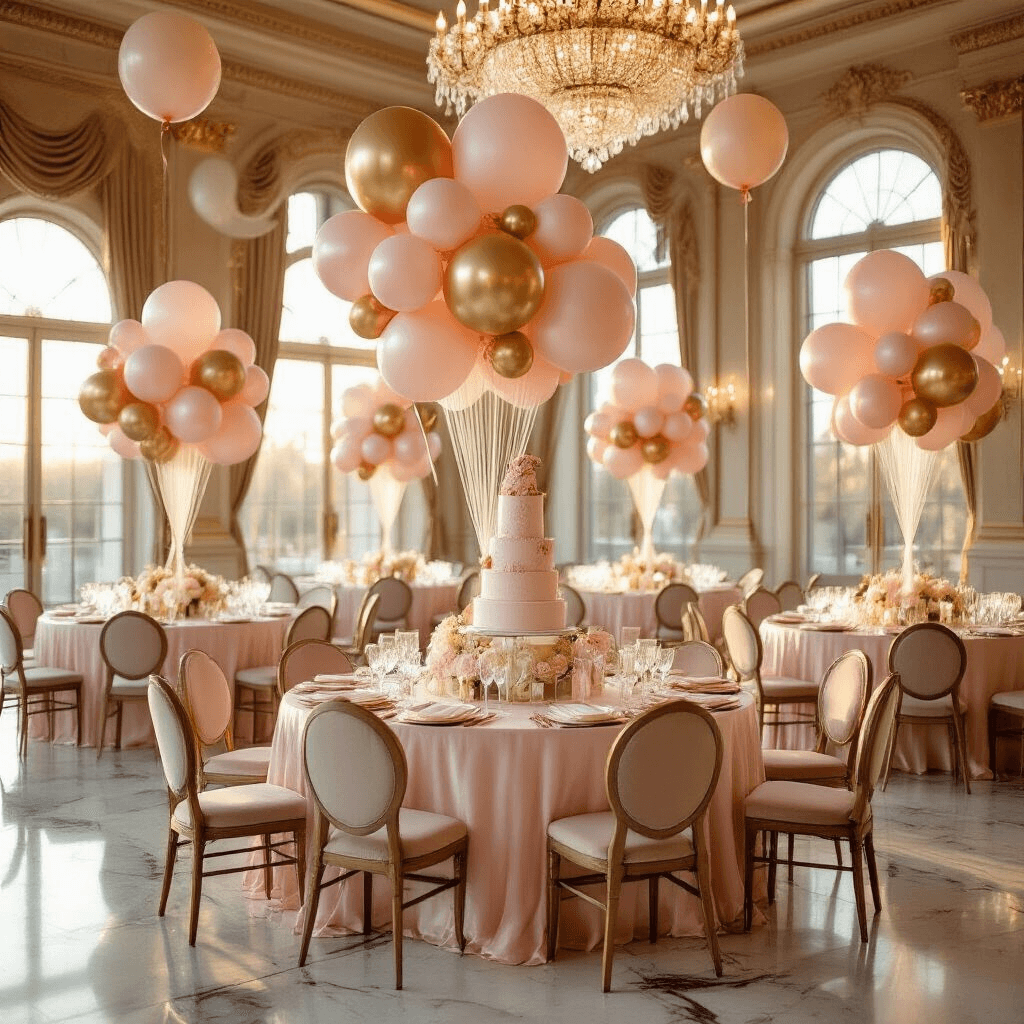 Elegant indoor ballroom birthday celebration with round tables dressed in blush pink silk linens and ivory lace overlays, featuring towering balloon centerpieces, crystal chandeliers, and floating helium balloons, all bathed in warm golden hour sunlight.
