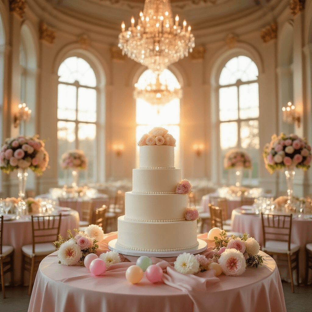 Cinematic wide-angle shot of an elegant ballroom during golden hour, featuring a three-tier white buttercream cake on a blush pink table, surrounded by clusters of peonies and candy balloon decorations, as elegantly dressed guests gather in the soft focus background.