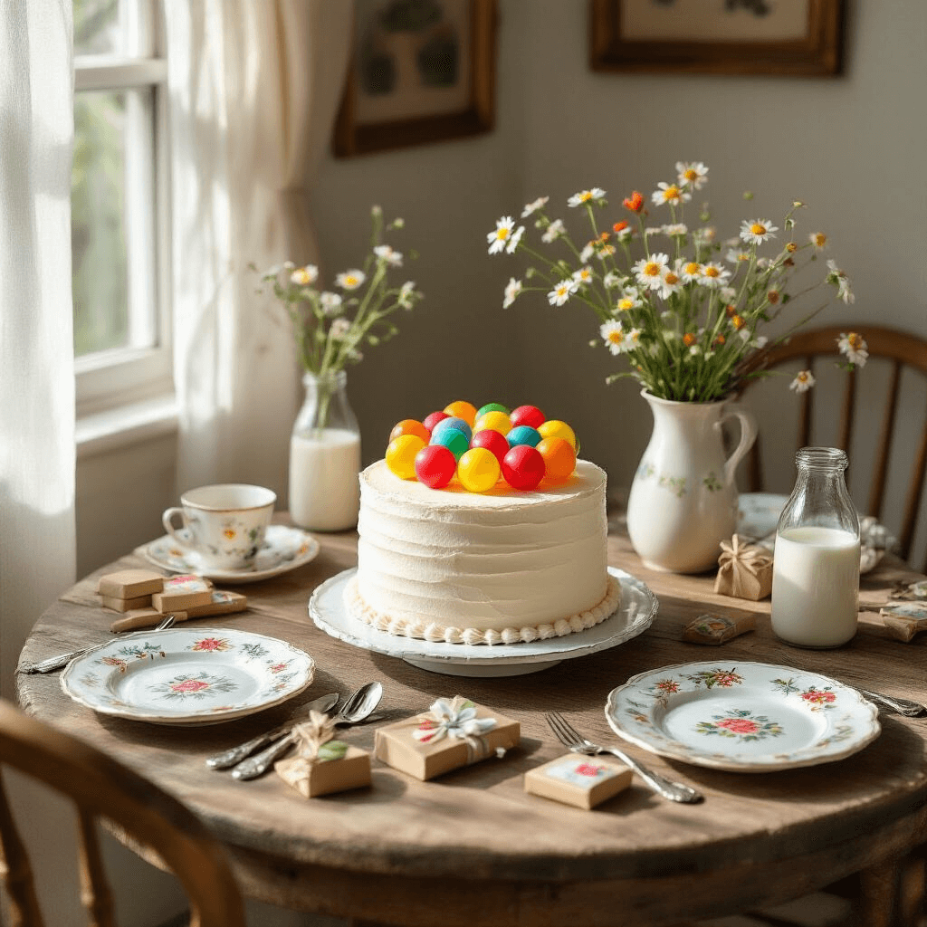 Overhead view of a cozy dining nook with a rustic wooden table featuring a vanilla cake adorned with colorful candy balloon decorations, vintage ceramic plates, antique silver forks, and delicate glass milk bottles filled with wildflowers, all bathed in soft morning light.