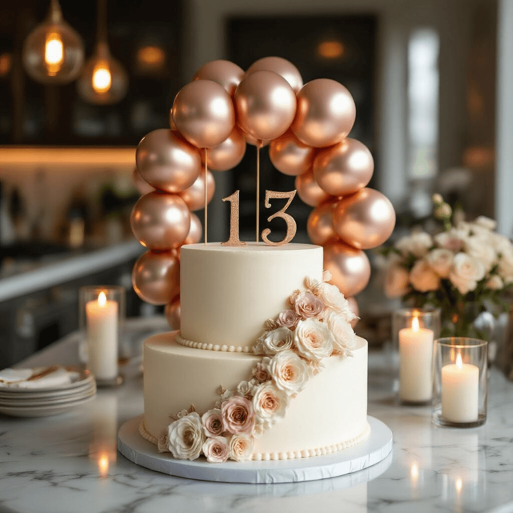 Close-up of an elegant two-tier birthday cake with metallic rose gold and champagne balloon structures, positioned on a marble kitchen island illuminated by warm pendant lights and soft candle glow, showcasing sugar flowers and gold foil number toppers, surrounded by champagne flutes and silk napkins, with a city skyline in the background.