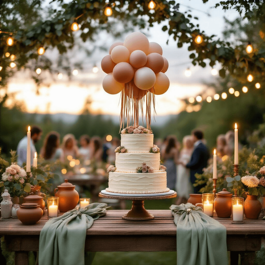 Wide shot of a magical garden party at twilight, featuring a rustic dessert table with sage green runners and terracotta accents. The centerpiece cake, decorated with candy balloon designs in earthy tones, is topped with a balloon topper and shimmering streamers. String lights drape overhead, while pillar candles flicker among eucalyptus garlands. Guests mingle softly in focus, as golden hour light filters through olive trees, creating an enchanting celebration atmosphere.