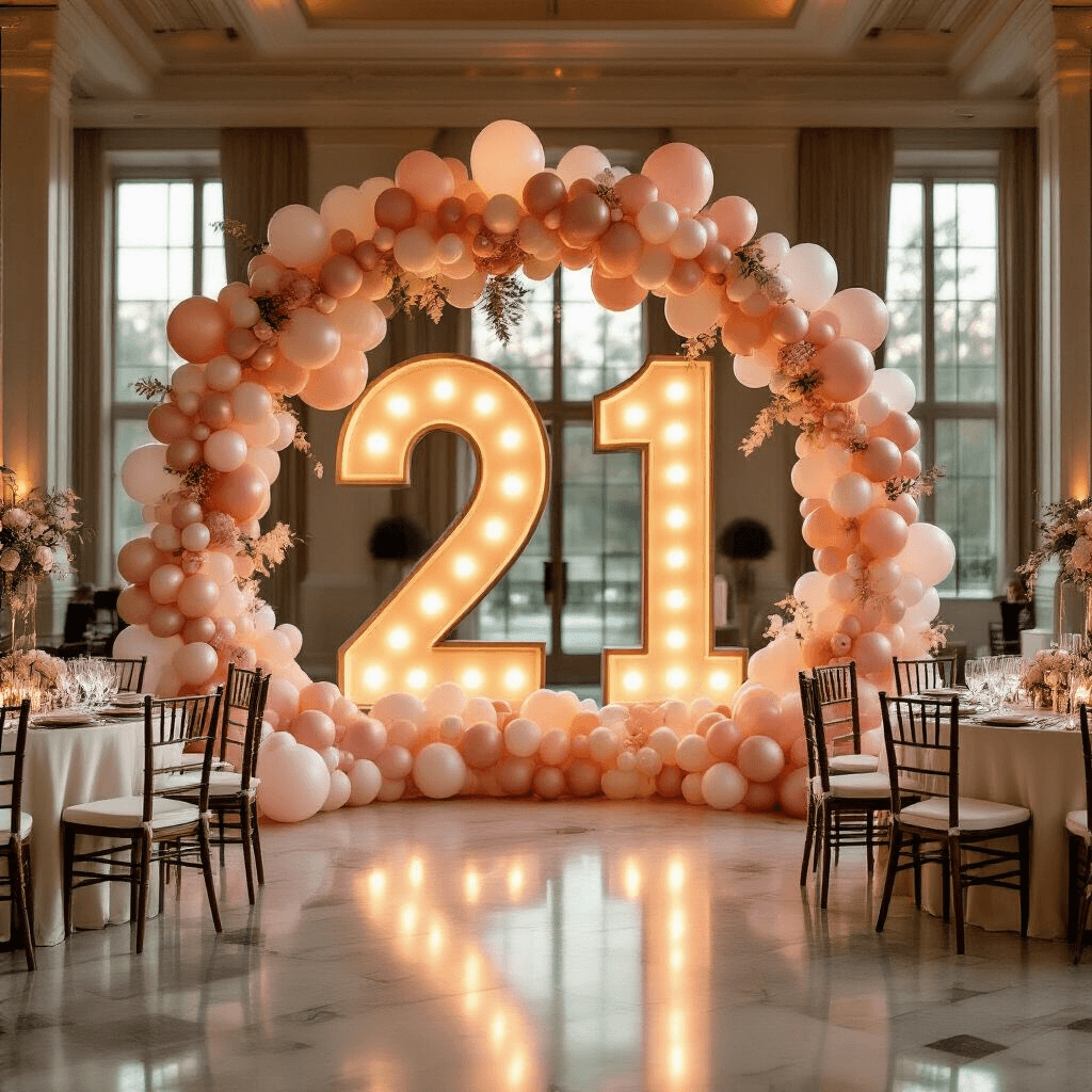 Elegant ballroom decorated for a celebration, featuring illuminated '21' marquee numbers surrounded by cascading balloon garlands in blush pink, rose gold, and ivory, with softly draped tables and crystal glassware reflecting warm golden hour light.