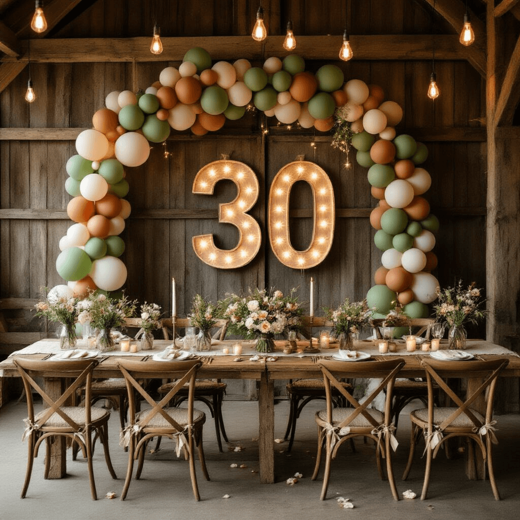 Intimate rustic barn celebration setup for a 30th birthday, featuring a DIY marquee number '30' with fairy lights, an organic balloon garland, long farmhouse tables with burlap runners, mason jar wildflower centerpieces, and ambient Edison bulb lighting, surrounded by wooden chairs adorned with fabric bows and scattered rose petals.