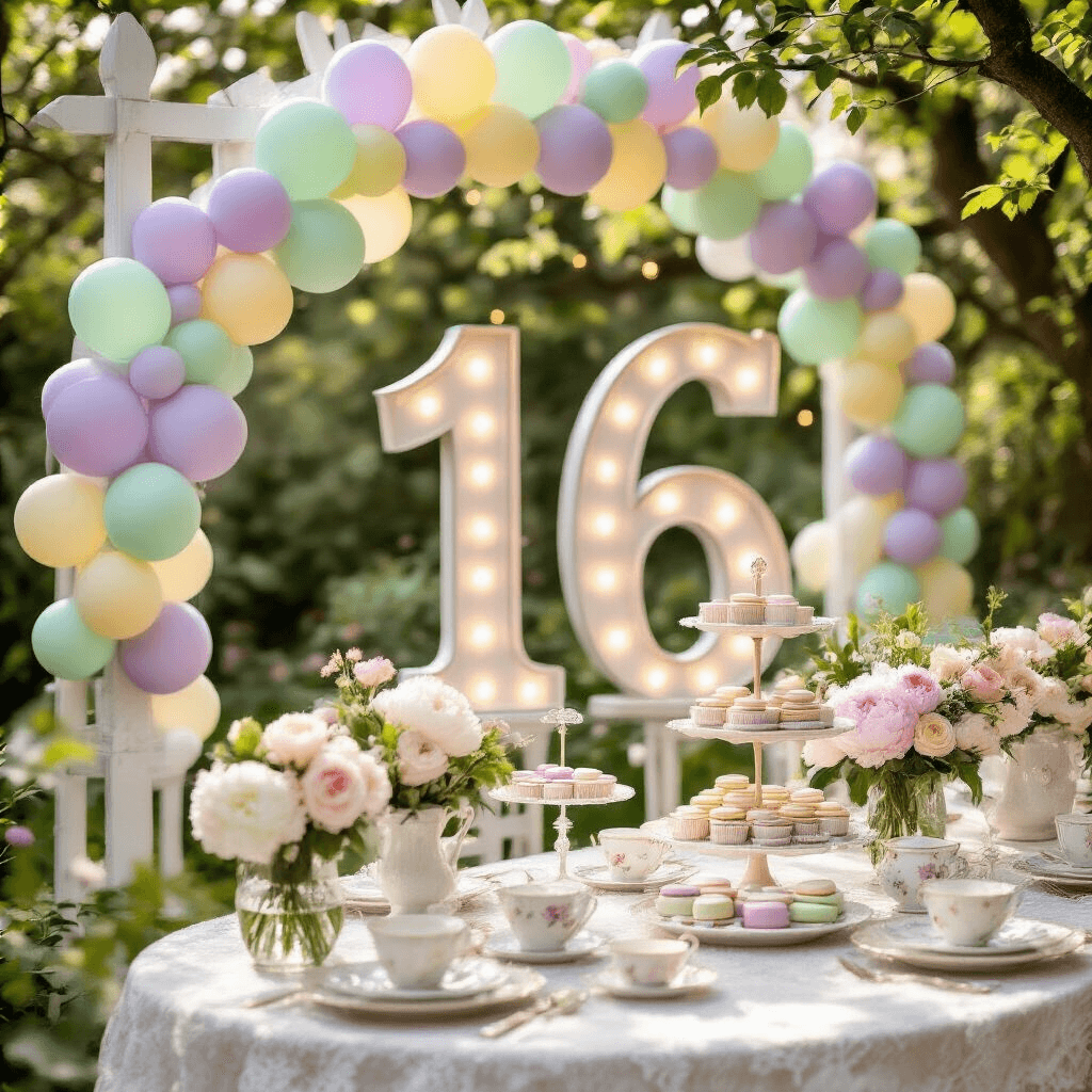 Close-up of a whimsical garden party featuring marquee numbers '16' with pastel balloon clusters, a white wooden archway, vintage lace tablecloths, delicate china teacups, and fairy lights, all set in a blooming garden during soft morning light.