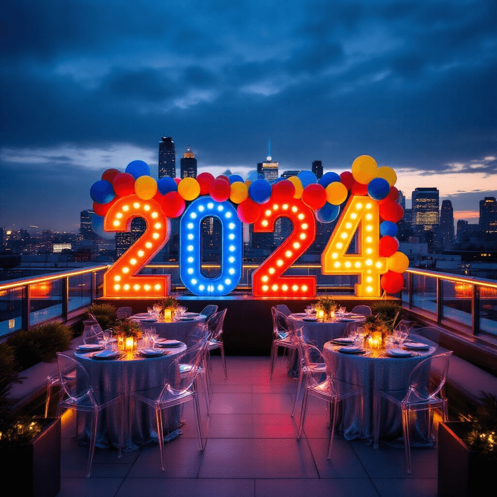 A modern rooftop terrace celebration at night, featuring large marquee numbers '2024', colorful balloon garlands, sleek furniture, and an urban skyline backdrop illuminated by LED lighting.