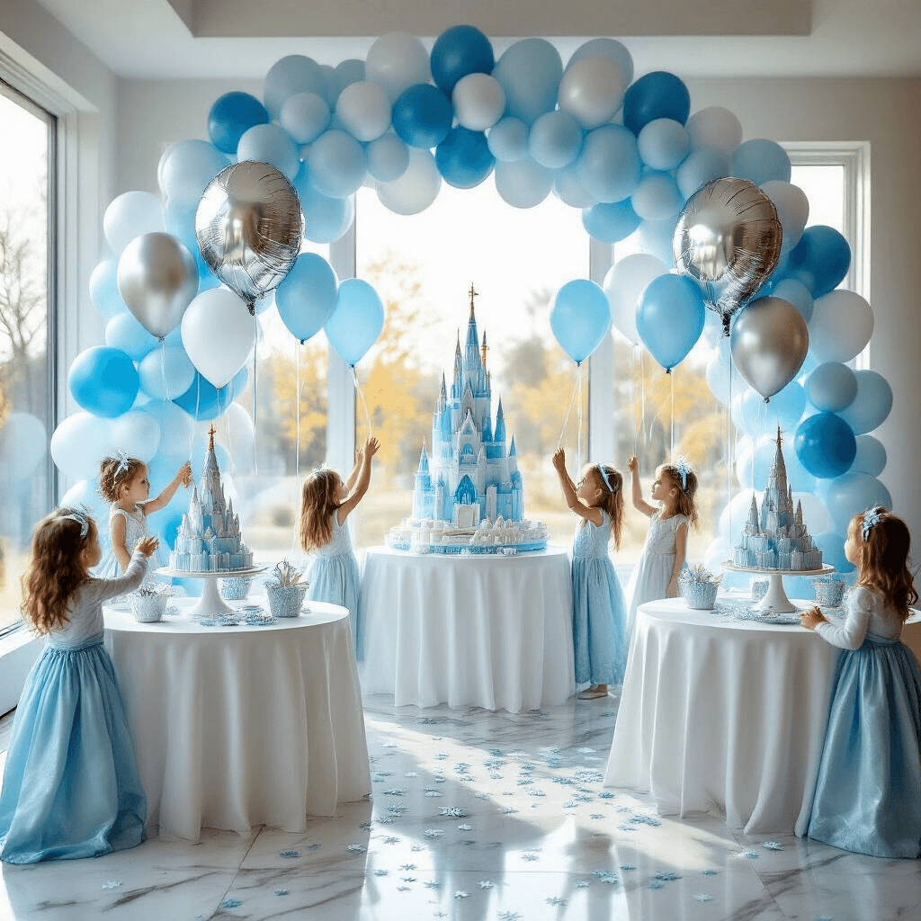 A lively indoor children's birthday party featuring a bright modern living room with elegant decor, including Frozen-themed balloon centerpieces, a multi-tiered Frozen castle cake, and children in Elsa costumes reaching for floating balloons, all illuminated by soft afternoon light.
