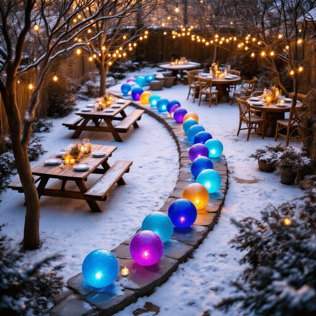 A cozy winter garden party setup featuring rustic picnic tables in a snow-dusted backyard, colorful glowing ice balloons along a stone pathway, vintage wooden chairs, homemade ice sculptures among bare trees, warm string lights, and hot chocolate stations, all captured during golden hour.