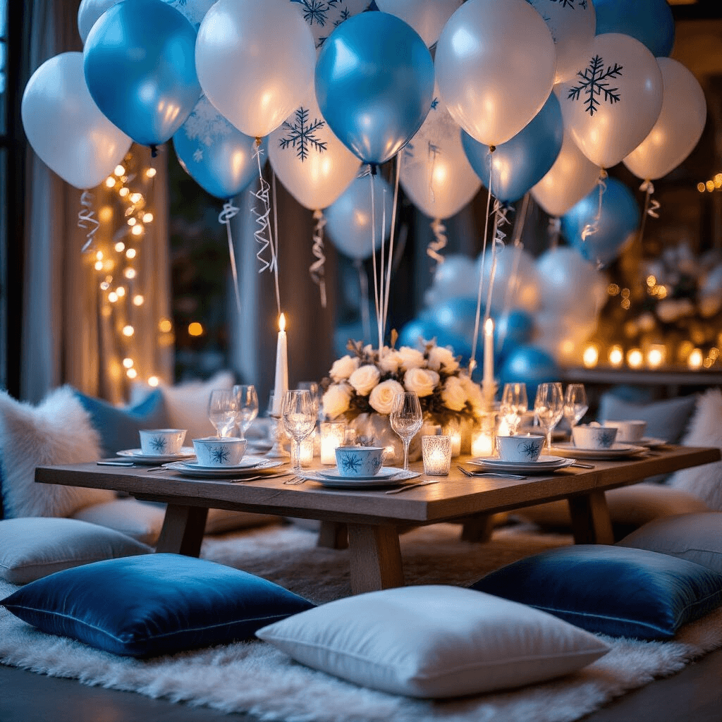 A cozy indoor dining nook decorated for a Frozen-themed celebration, featuring a low wooden table with icy blue and silver velvet cushions, character balloons overhead, warm candlelight, white rose centerpiece, elegant snowflake-patterned place settings, and a whimsical ambiance with fairy lights.