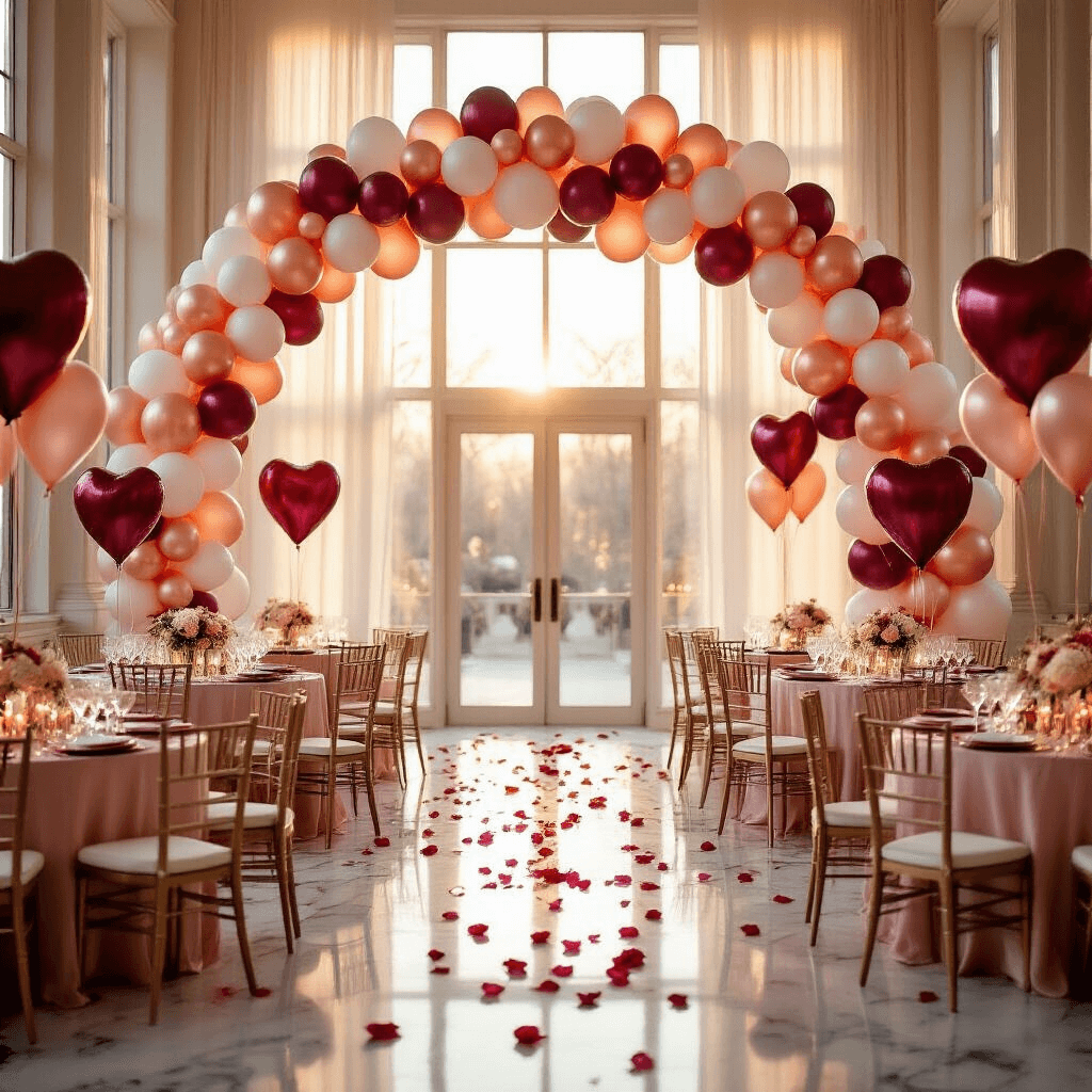 Elegant indoor ballroom set for Valentine's Day with rose gold and white balloon arch, blush pink silk-covered tables, floating helium heart balloons, scattered rose petals, giant heart balloons, and warm golden hour lighting.