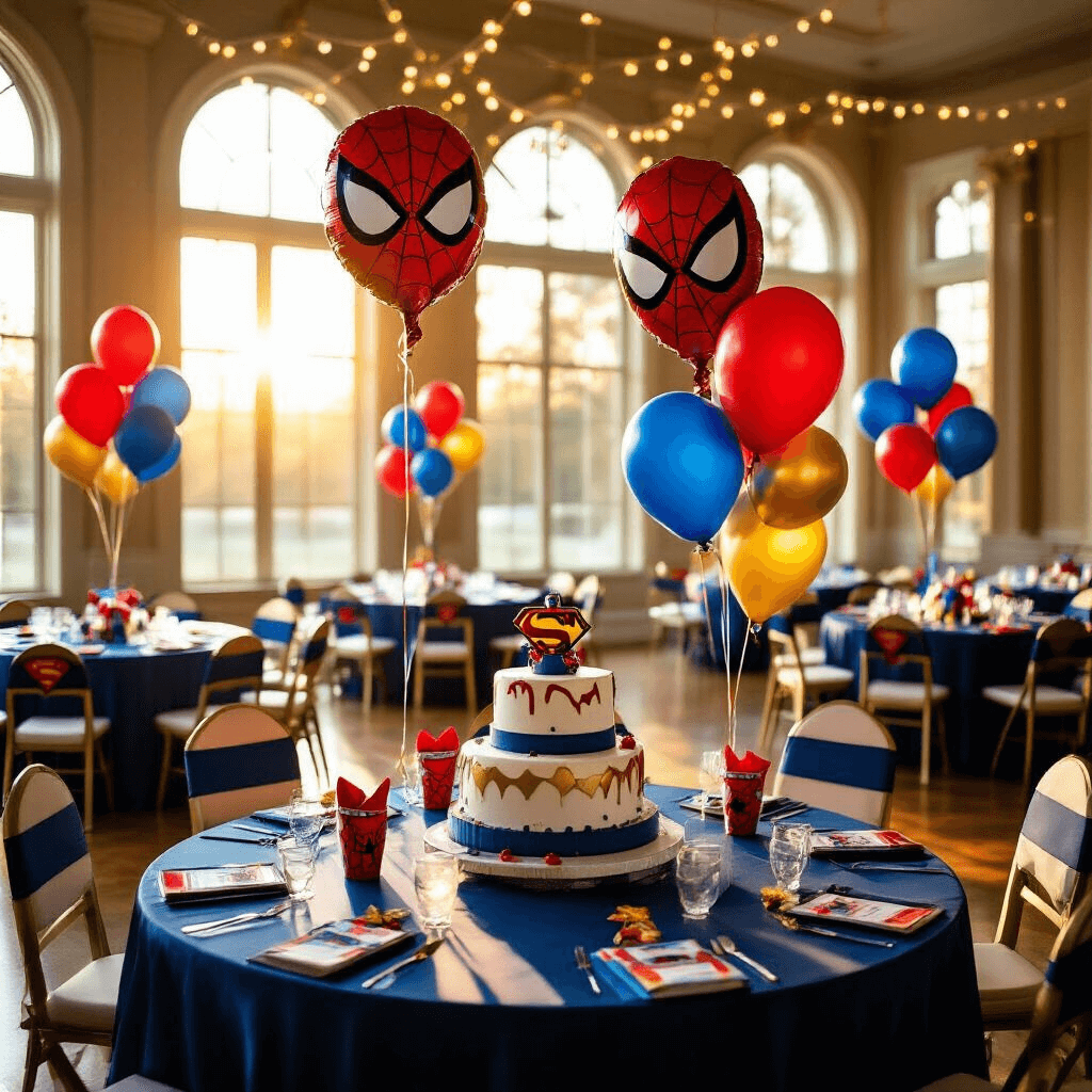 Elegant ballroom set for a superhero-themed children's birthday party, featuring gold sunlight, navy blue silk linens, oversized Spider-Man and Superman foil balloons, a three-tiered birthday cake, and personalized superhero cape party favors, all amidst soft fairy lights and custom banners.