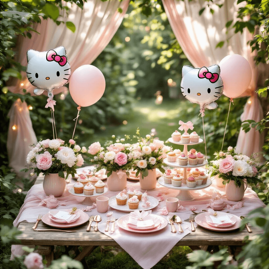 Overhead view of a Hello Kitty themed garden party setup with blush pink linens, character foil balloons, floral centerpieces, rose gold flatware on pastel plates, a dessert cart with cupcakes, sheer pink drapery, scattered rose petals, and LED string lights.