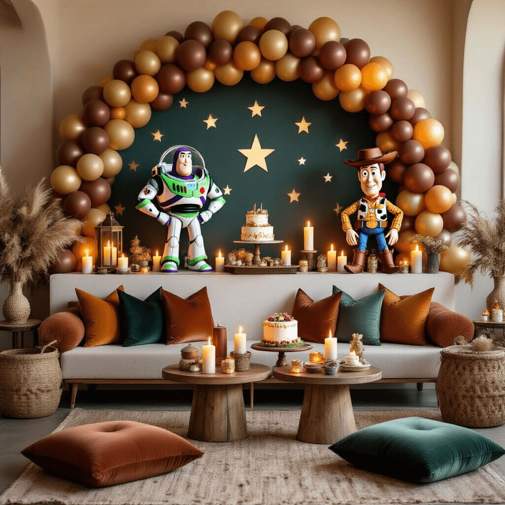 Close-up detail of a cozy living room birthday celebration corner featuring a balloon arch with Toy Story characters Buzz Lightyear and Woody, surrounded by low tables with velvet cushions, a vintage cake display, and a warm candlelit ambiance in a terracotta and sage color palette.