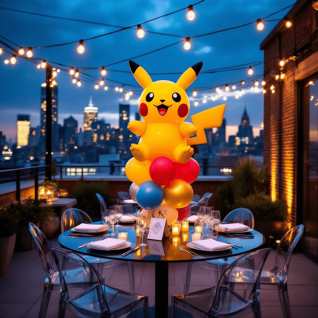 A vibrant rooftop terrace party setting at night, featuring warm fairy lights, urban skyline views, sleek glass-top tables with minimalist linens and colorful Pokemon balloon arrangements, including a large Pikachu centerpiece, surrounded by contemporary acrylic chairs. A stylish balloon wall serves as a photo backdrop, while industrial elements like exposed brick contrast with playful decorations and LED uplighting enhances the event's ambiance.