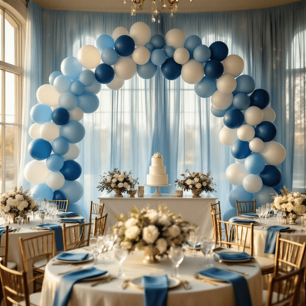 A beautifully decorated indoor ballroom for a baby shower, featuring a blue and white balloon setup with round tables draped in silk linens, towering balloon garlands, floral centerpieces, and warm golden hour light streaming through tall windows.