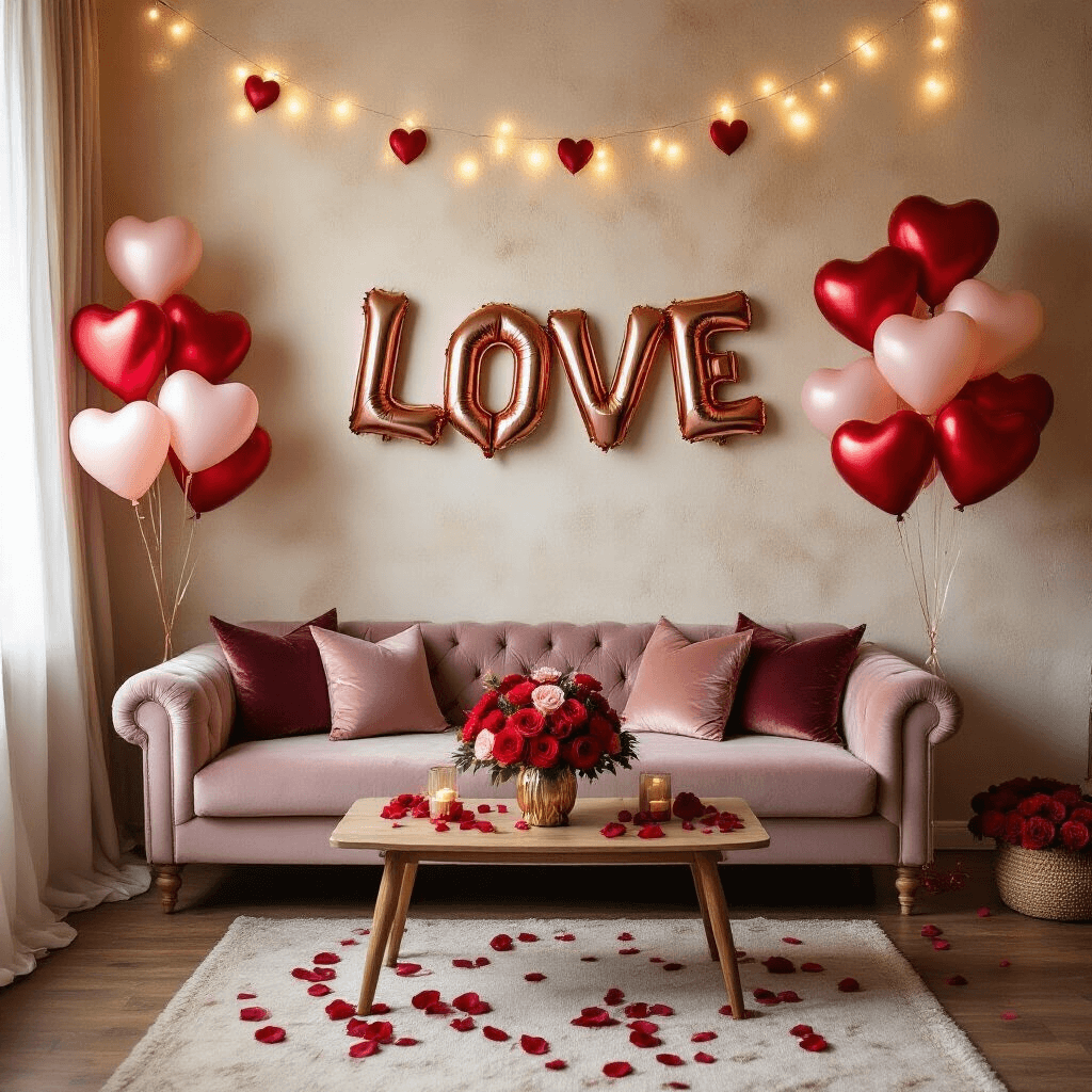 Cozy Valentine's living room setup featuring rose gold 'LOVE' balloons, clusters of heart balloons, a plush velvet sofa with silk cushions, an elegant balloon bouquet on a wooden coffee table, fresh red roses, and warm fairy lights, all enhanced by rose petals scattered on hardwood floors.