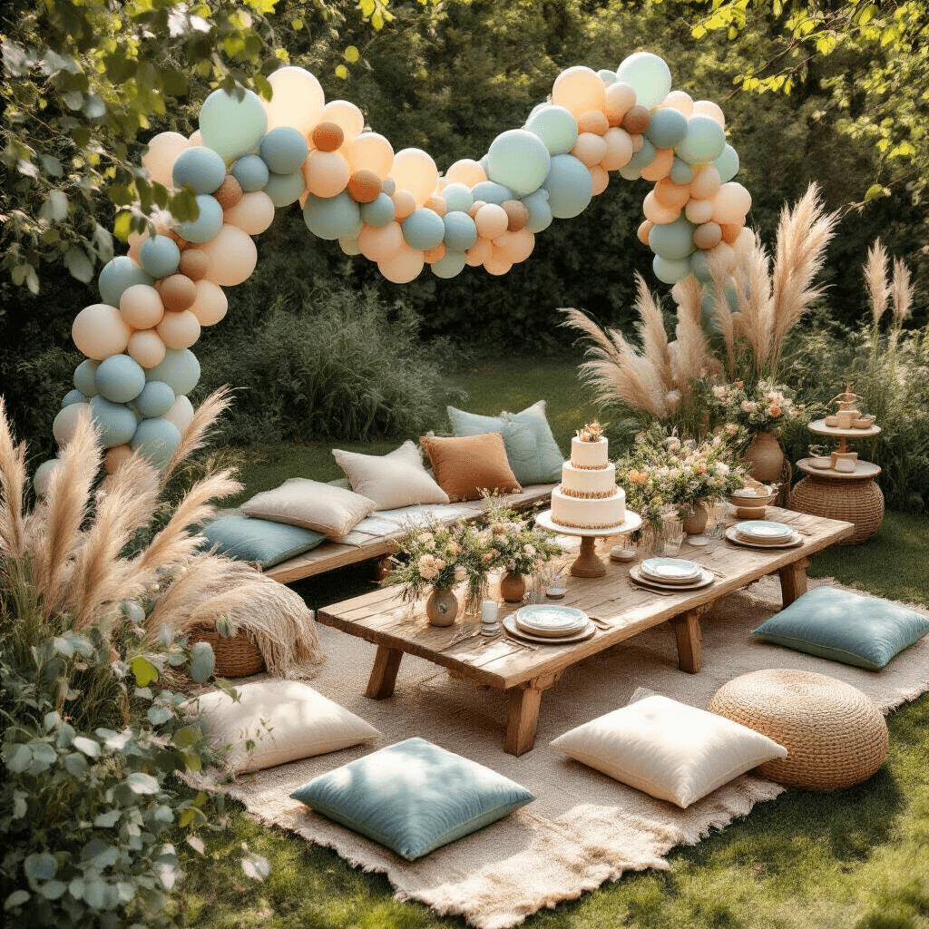 Whimsical outdoor garden party with low wooden tables, cream velvet floor cushions, and a muted balloon garland, featuring a three-tiered vanilla cake adorned with fresh lavender and mason jar centerpieces filled with wildflowers, all set in soft morning light.