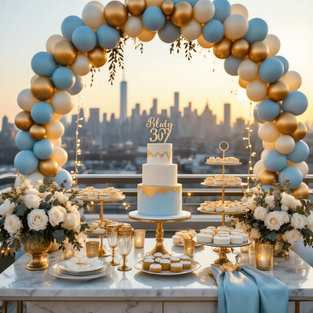 A close-up view of a luxurious rooftop terrace party setup at golden hour, featuring a sophisticated light blue and gold dessert table with a stunning balloon arch, elegant pastries on tiered cake stands, gold-rimmed glassware, silk table runners, fairy lights, and fresh white roses against a city skyline backdrop.