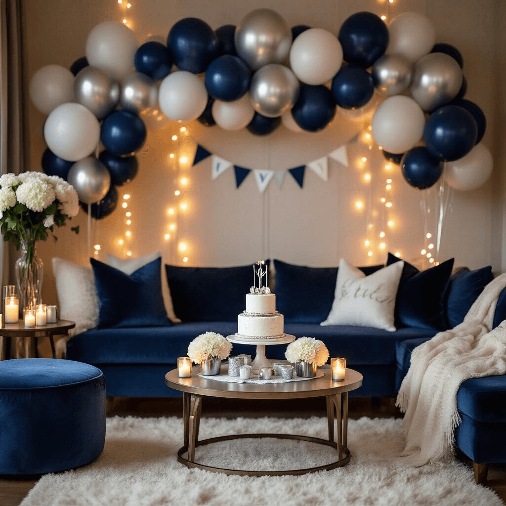 A cozy living room transformed into an elegant first birthday party, featuring navy blue, silver, and white balloons, a small tiered cake on a silk-draped coffee table, plush seating with cushions and throws, and warm candlelight ambiance enhanced by string lights and metallic decorations.