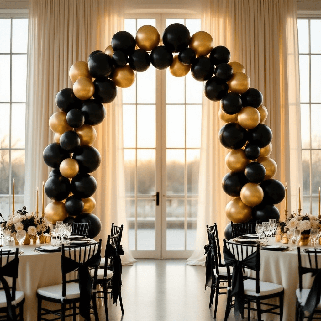 Cinematic wide-angle view of an elegant indoor ballroom during golden hour, featuring a sophisticated black and gold balloon garland arch, ivory-dressed round tables with low black balloon centerpieces, champagne candles, soft natural light streaming through tall windows, and reflective marble floors, creating a luxurious atmosphere.