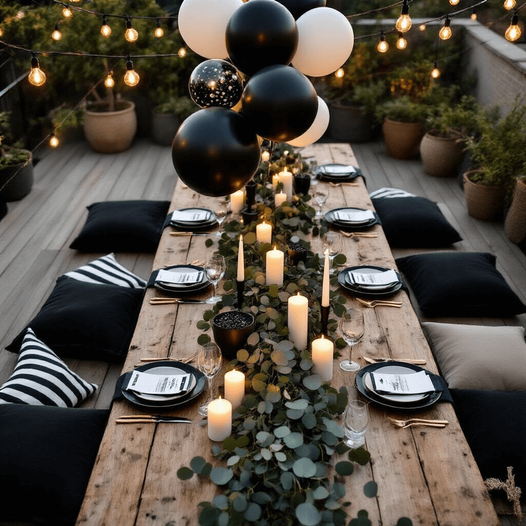 An intimate rooftop terrace setup featuring a rustic wooden dining table adorned with black balloon clusters, eucalyptus garland, and white pillar candles, all illuminated by overhead string lights, with velvet floor cushions and a city skyline backdrop.
