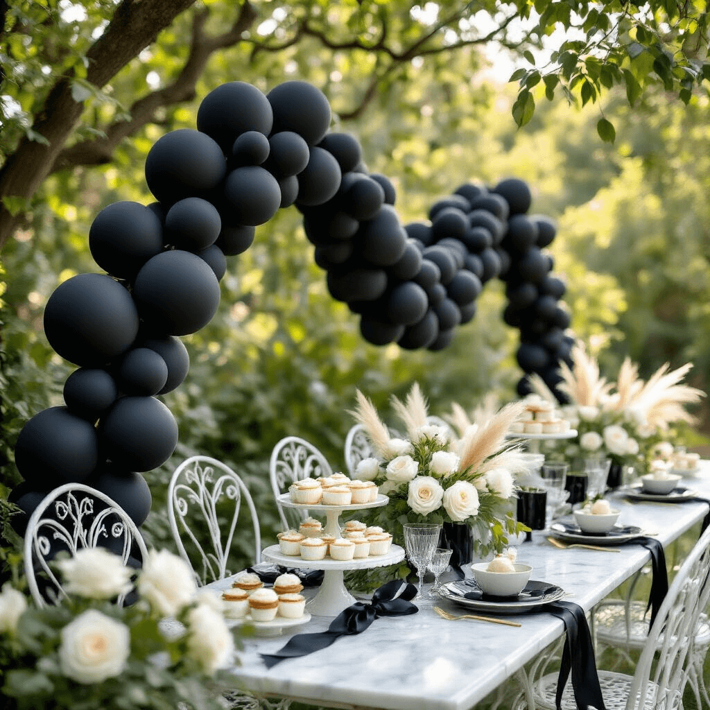 Close-up of a whimsical garden party setup with black balloon garland around white wrought iron chairs, surrounded by white roses and pampas grass, featuring elegant desserts on brass cake stands and delicate glassware, all illuminated by soft morning light.