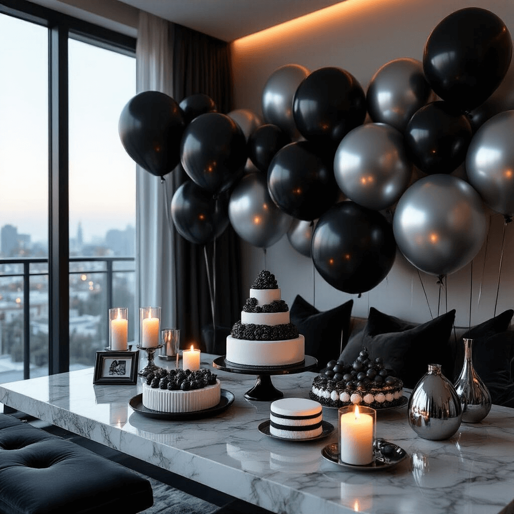 Moody evening shot of a modern apartment with candlelight ambiance, featuring dramatic black and silver balloon installations, sleek dessert displays on marble countertops, and a sophisticated color palette of charcoal, metallics, and clean lines.