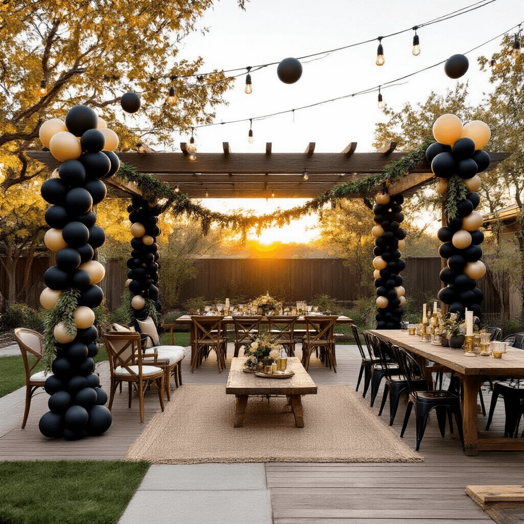 Stylish backyard celebration at golden hour featuring black balloon columns, rustic pergola with organic garland designs, various seating arrangements, string lights, and elegantly set long wooden tables, all amidst a mix of wooden decking and grass.