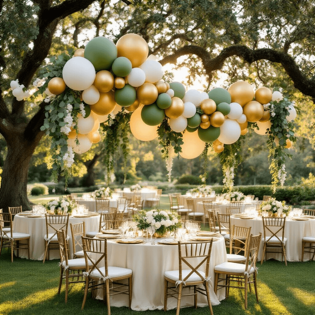 Wide-angle shot of an elegant garden party reception with balloon garlands, round tables set with cream silk linens, and centerpieces of white roses and eucalyptus, all illuminated by soft golden hour light filtering through trees. Guests in stylish attire mingle under a festive canopy, with twinkling string lights overhead.