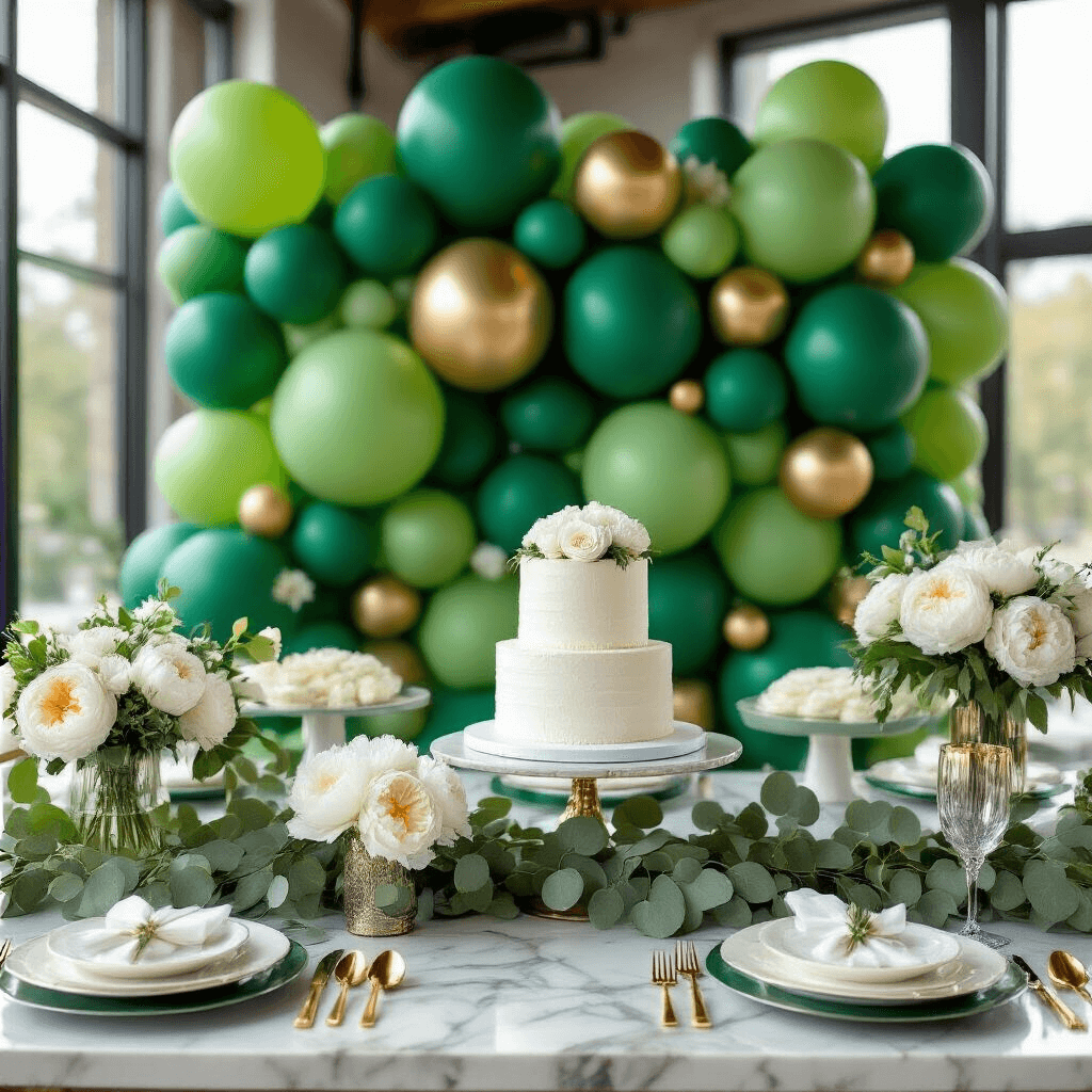 Close-up of a bridal shower dessert table featuring a dramatic green balloon wall, tiered white cakes on a marble-topped cart, adorned with fresh peonies and eucalyptus, with elegant place settings and soft morning light.