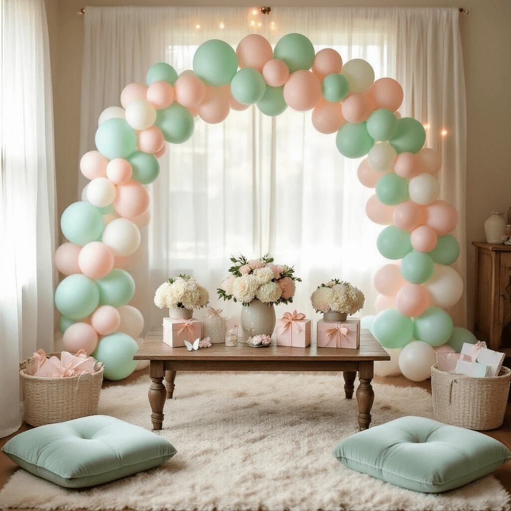 Overhead view of a cozy baby shower setup in a living room, featuring a mint green, dusty pink, and white balloon arch, cream velvet floor cushions, a rustic wooden table with pastel balloons, white hydrangeas, personalized gift boxes, and fairy lights, all illuminated by soft afternoon sunlight.