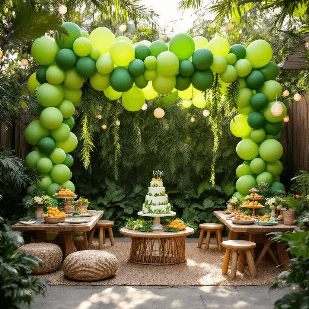 Cinematic wide shot of a jungle-themed first birthday party in a stylish backyard, featuring monochromatic green balloon garlands, picnic-style low tables, toddler seating, a tiered jungle cake, ambient lighting, and safari-themed decor, all captured in warm golden hour lighting.