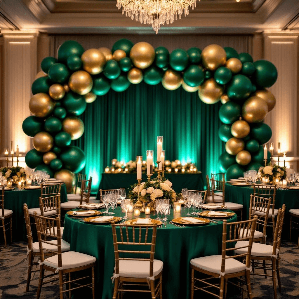 Elegant 40th birthday celebration in an upscale ballroom featuring a luxurious emerald and gold balloon wall, tables adorned with deep emerald silk tablecloths, gold charger plates, and crystal stemware, accented with tall pillar candles and fresh white orchids.