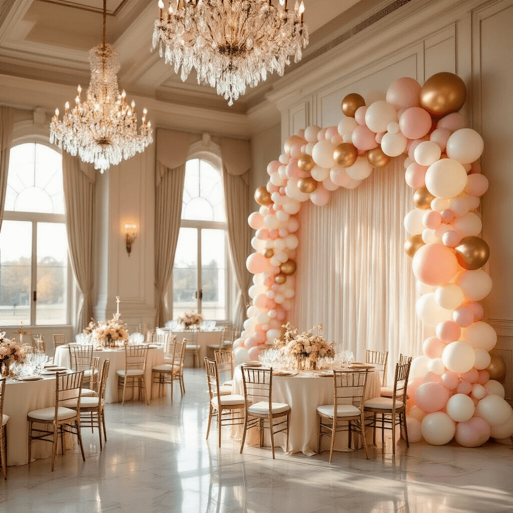 Elegant indoor ballroom with soaring ceilings and crystal chandeliers, featuring a pastel balloon garland in blush pink, ivory, and gold, round tables with silk ivory linens, and warm golden hour light streaming through tall windows.
