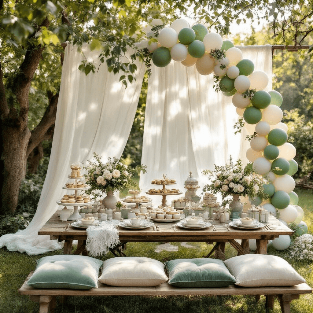Intimate garden party setup featuring a whimsical picnic on rustic wooden tables, adorned with sage green and white balloon arch, vintage ceramics, fresh florals, and sheer drapery, all illuminated by soft morning light.