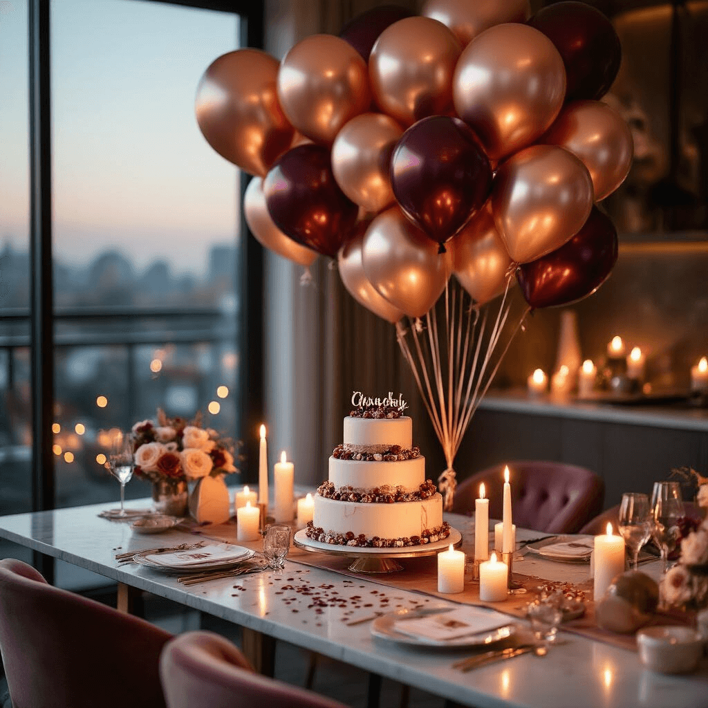 Cinematic close-up of a sophisticated birthday celebration in a modern apartment, featuring a metallic balloon arrangement in rose gold, burgundy, and ivory, a tiered birthday cake on marble countertops, and cozy candlelight, with layered textiles and fairy lights enhancing the luxe ambiance.