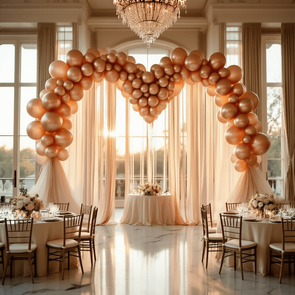 A luxurious indoor ballroom adorned with heart balloon installations in rose gold and champagne, illuminated by golden hour sunlight streaming through French windows, featuring cream silk tables, floral centerpieces, and sparkling chandeliers.