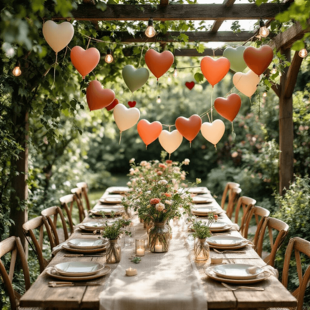 An overhead flat lay of a whimsical garden party setup featuring a heart balloon garland on a wooden pergola, a long farm table with natural linen runners, ceramic plates, vintage glassware, and mason jar centerpieces filled with wildflowers, all illuminated by string lights in soft morning light.