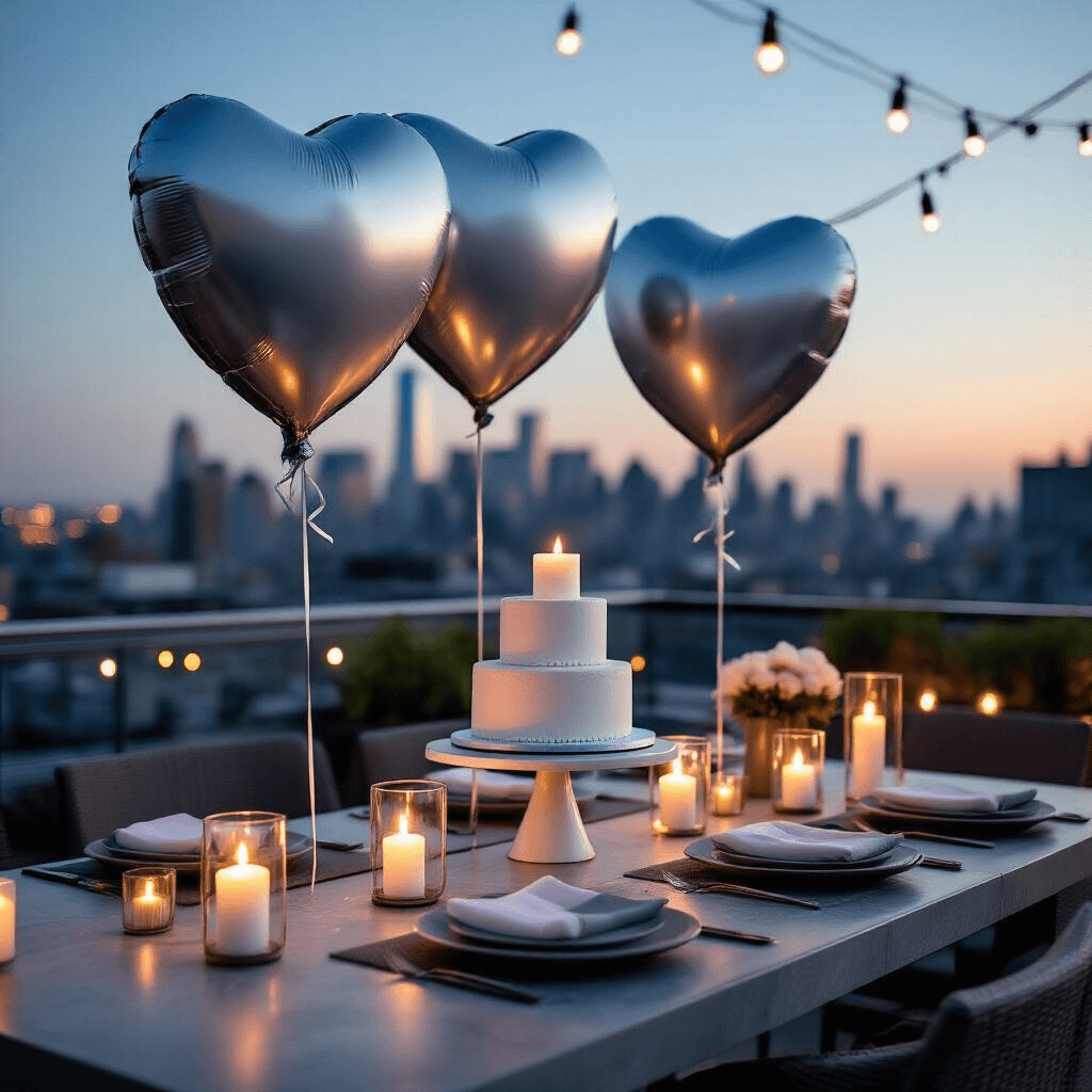 Close-up of a modern rooftop birthday celebration at night, featuring metallic silver heart balloons, a chic outdoor dining setup with gray linen and white dinnerware, a marble stand with a tiered birthday cake, and fairy lights against a city skyline.