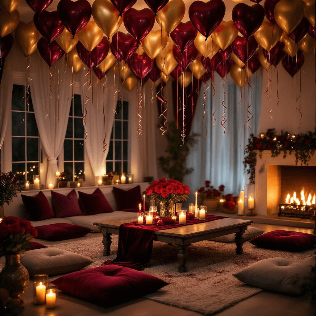 A cozy living room set for a romantic anniversary dinner, adorned with heart balloons, a velvet table runner, candles, and fresh roses, creating an intimate and luxurious atmosphere.