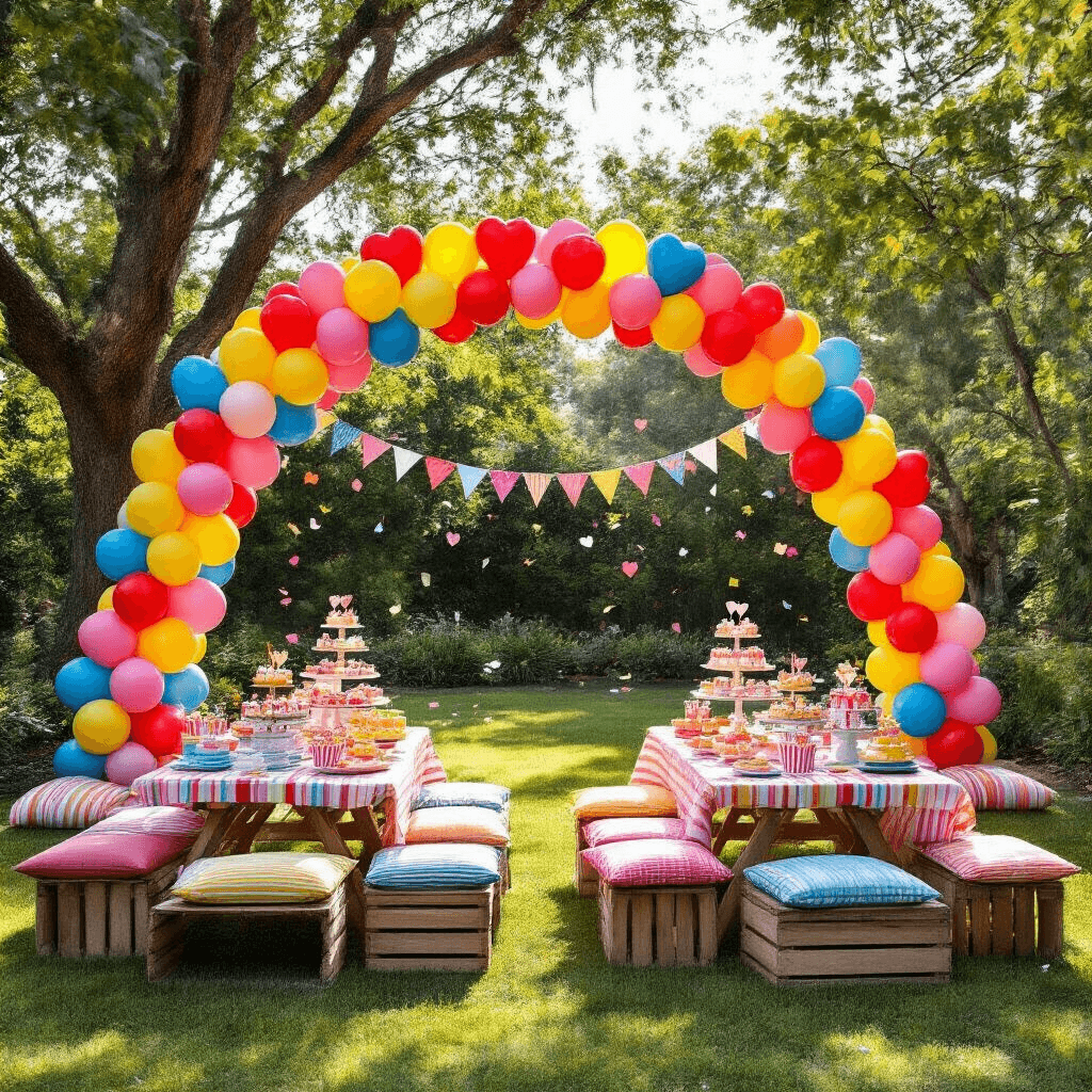 A vibrant children's birthday party in a sunny backyard, featuring a heart balloon rainbow arch, colorful picnic tables with cupcakes, bunting flags, and playful decor elements, creating a joyful atmosphere.