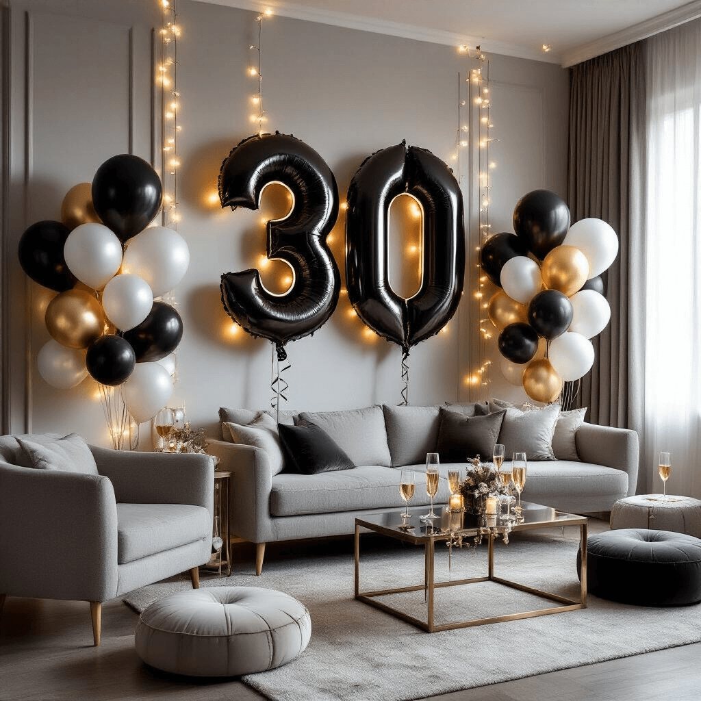 Wide-angle shot of a modern apartment living room transformed for a 30th birthday celebration, featuring black number 30 balloons, elegant balloon columns, fairy lights, and a photo backdrop with a memory banner, creating a cozy and luxurious atmosphere.