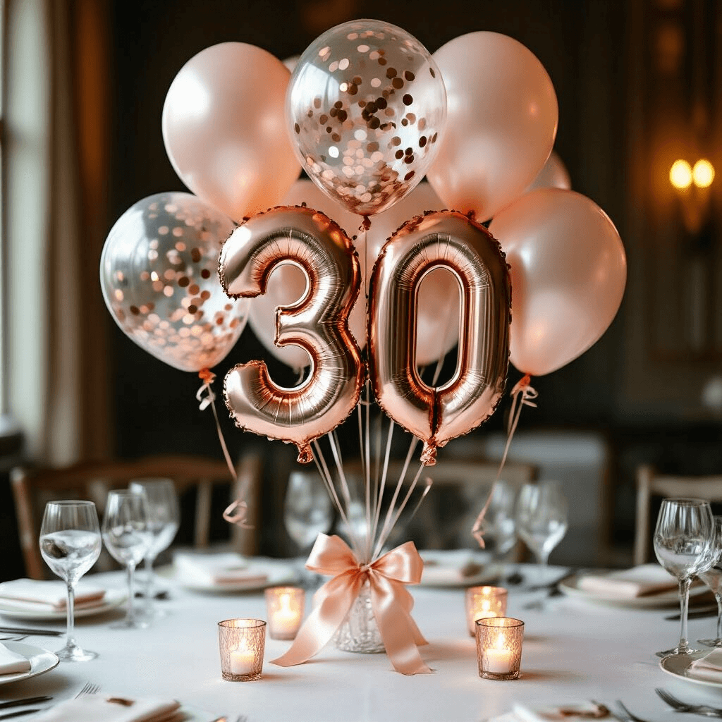 Close-up of a sophisticated balloon bouquet centerpiece featuring a rose gold number 30 balloon, clear confetti-filled balloons, and blush latex balloons with satin ribbons on a candlelit dining table, accentuating the textures and details of the elegant decor.