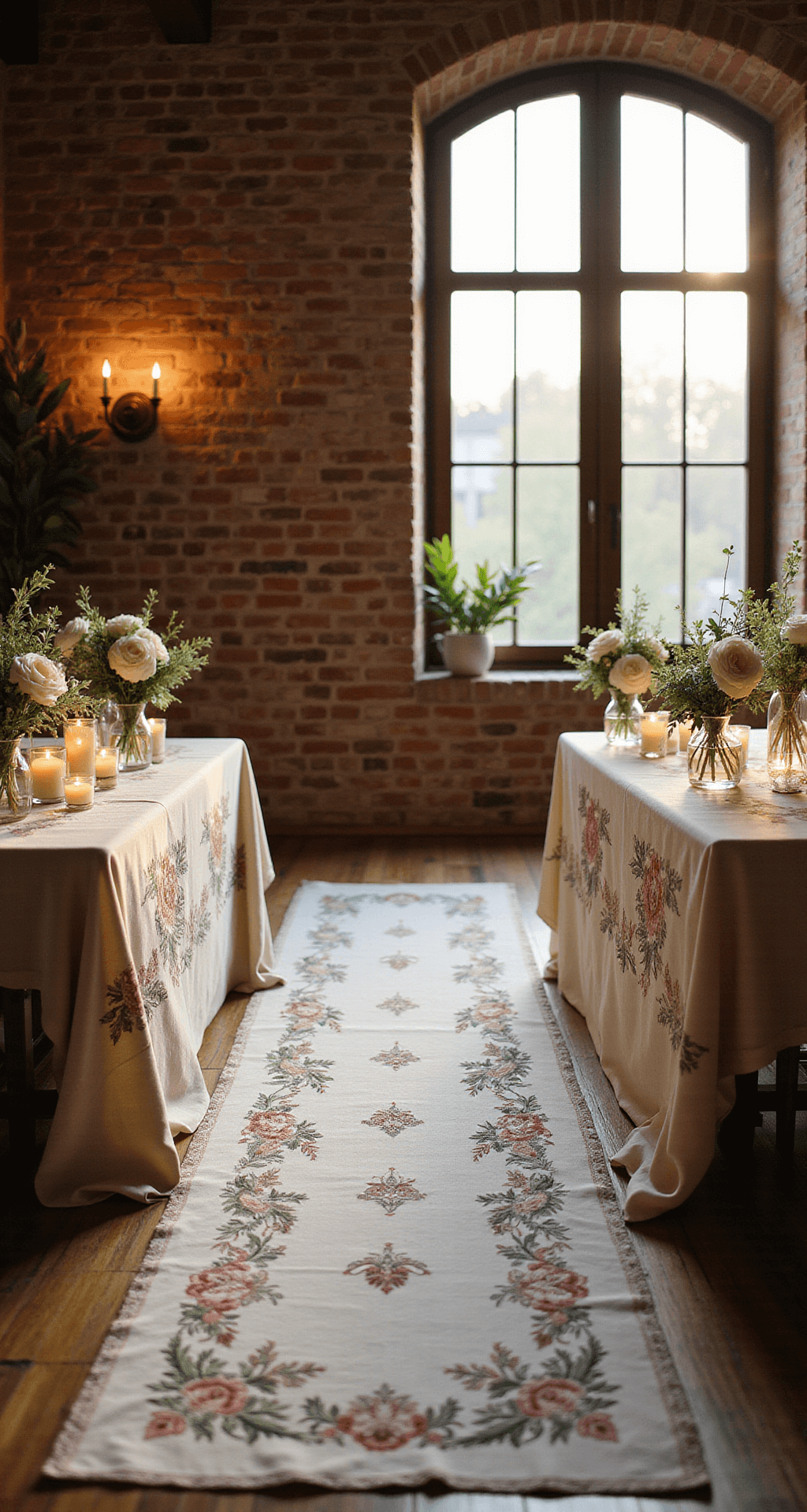 Photorealistic wedding ceremony in a cozy living room featuring exposed brick walls, soft golden hour lighting, vintage table runners, tall glass vases with eucalyptus and white roses, and warm battery-operated candles for an intimate atmosphere.